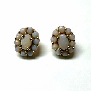 14k Yellow Gold Opal Halo Cluster Stud Earrings